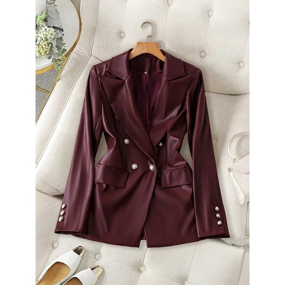 Vegan leather blazer jacket preppy gold button double breasted dark brown - Picture 3 of 3